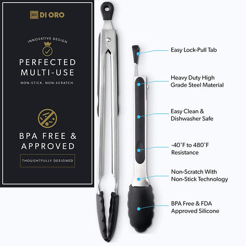 DI ORO 2-Piece Kitchen Tongs Set (9-Inch and 12-Inch) - DI ORO