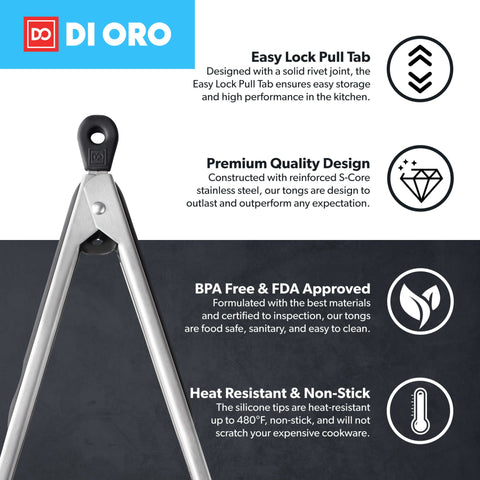 DI ORO 2-Piece Kitchen Tongs Set (9-Inch and 12-Inch) - DI ORO